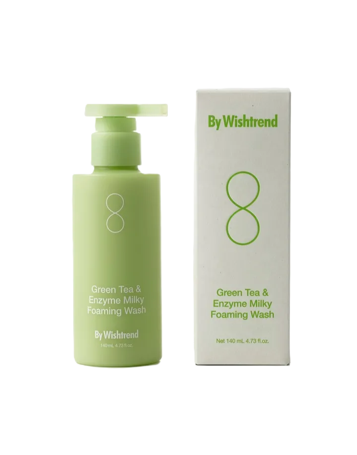 By Wishtrend Green tea & enzyme milky foaming wash, пенка очищающая энзимная с зелёным чаем, 140 мл